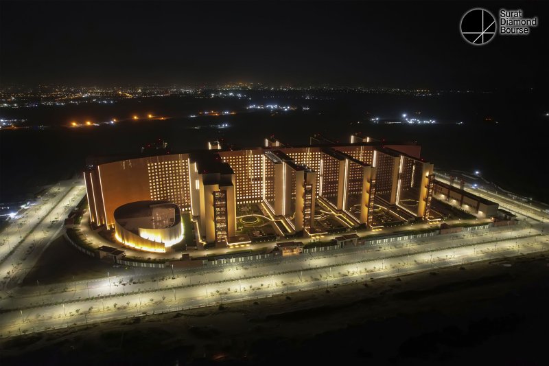 Night Aerial View of Illuminated Surat Diamond Bourse